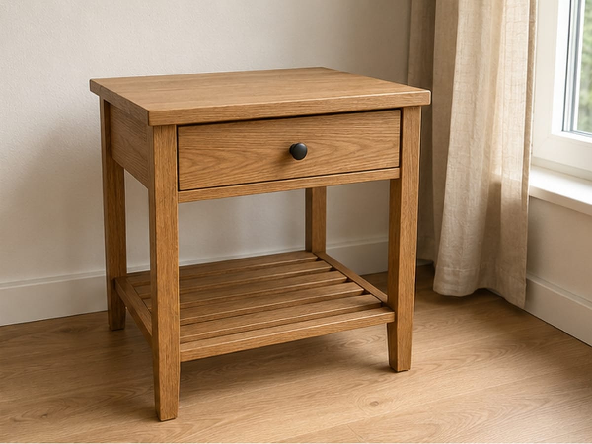 Solid oak bedside table with one drawer, a dark round knob, and a slatted lower shelf.